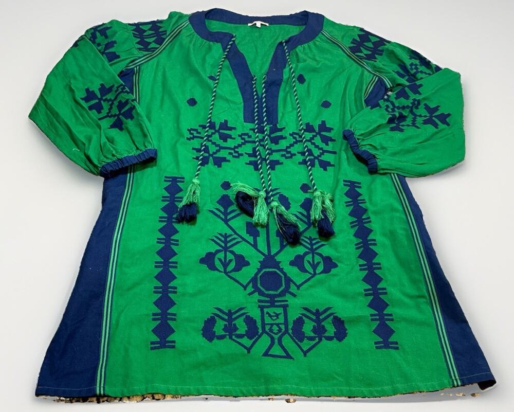 Frances Valentine Stephanie Dress Linen Blend Green Navy Blue Sz XL EUC